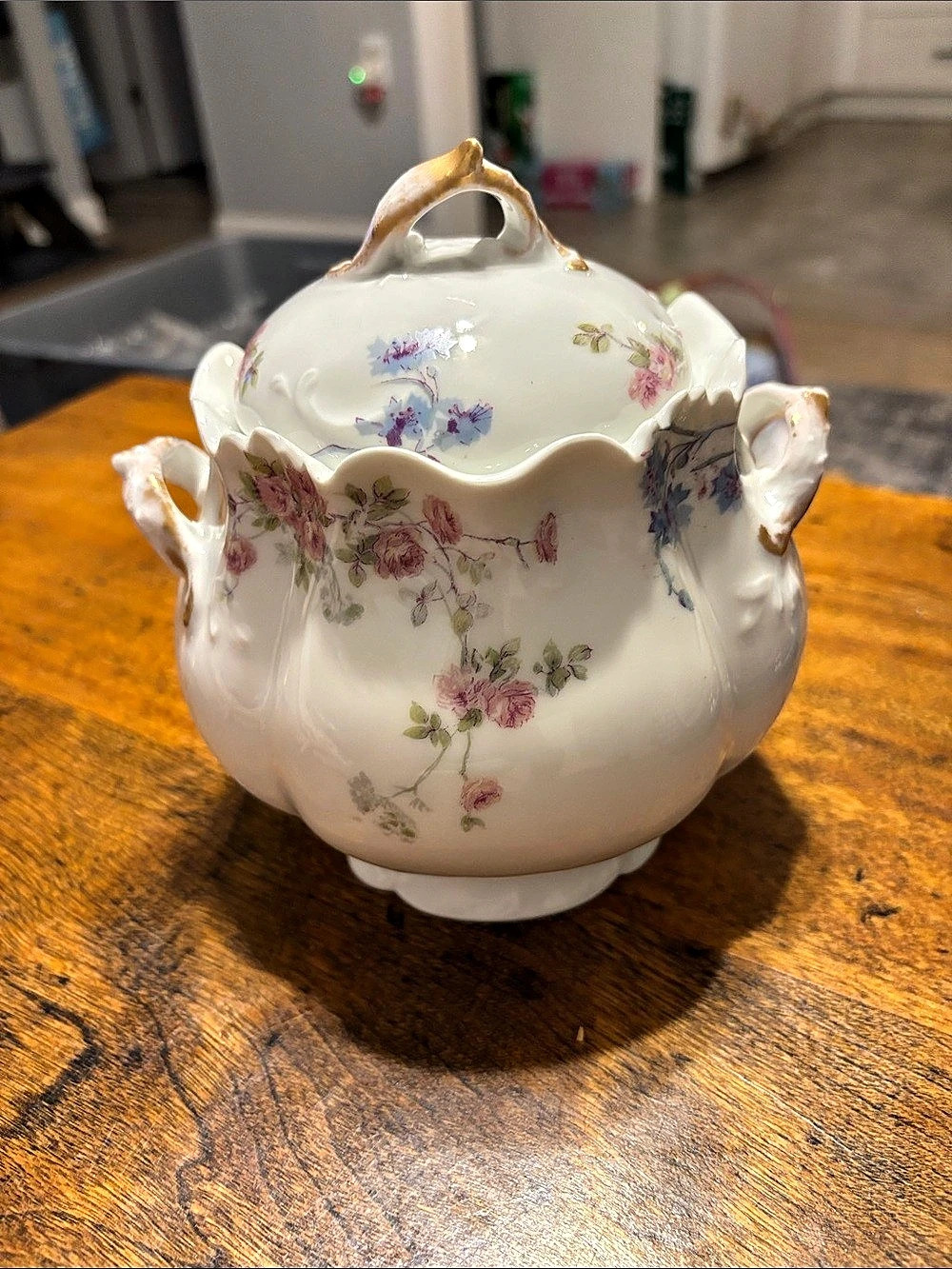 Antique Limoges Floral Lidded Hand Painted Lidded Sugar Bowl Porcelain